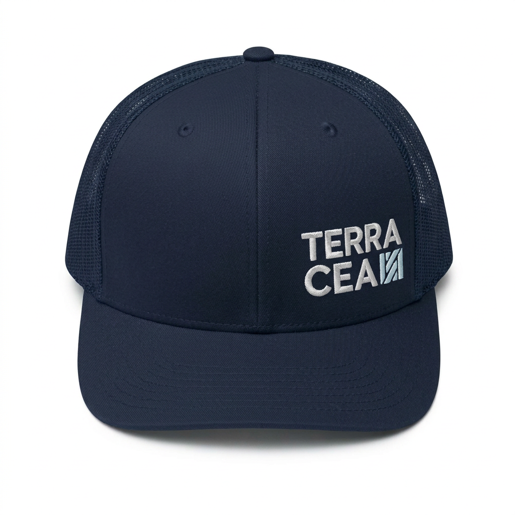 Navy blue cap with 'Terracea' logo on a white background