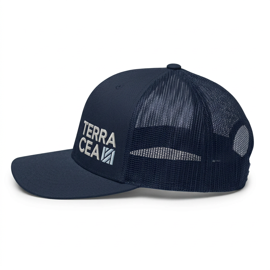 Navy blue cap with mesh back and 'Terra Ceva' logo on a white background